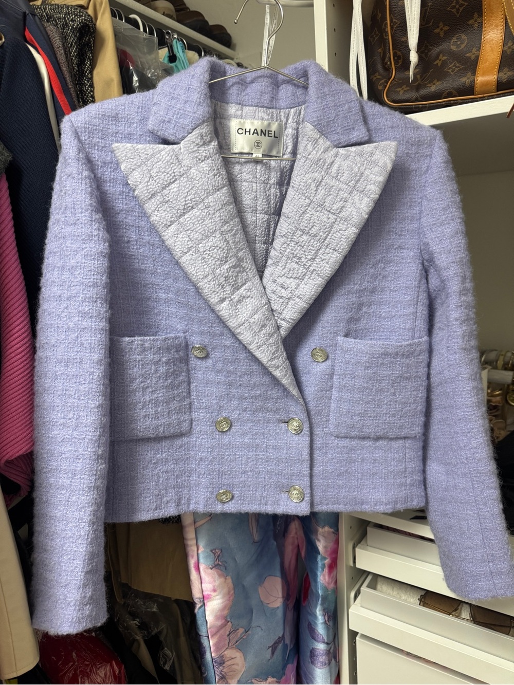 CHANEL Lavender Bouclé Double-Breasted Blazer